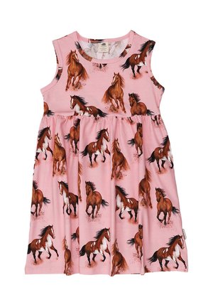 Ärmelloses pinkfarbenes Kleid mit braunen und weißen Pferden in verschiedenen laufenden Posen, die über den gesamten Stoff gedruckt sind.