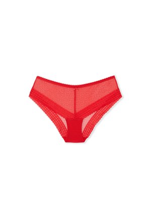 Bikini in pizzo rosso con pannelli in rete trasparente, bordi smerlati e vita in tessuto solido. Design leggero e traspirante.