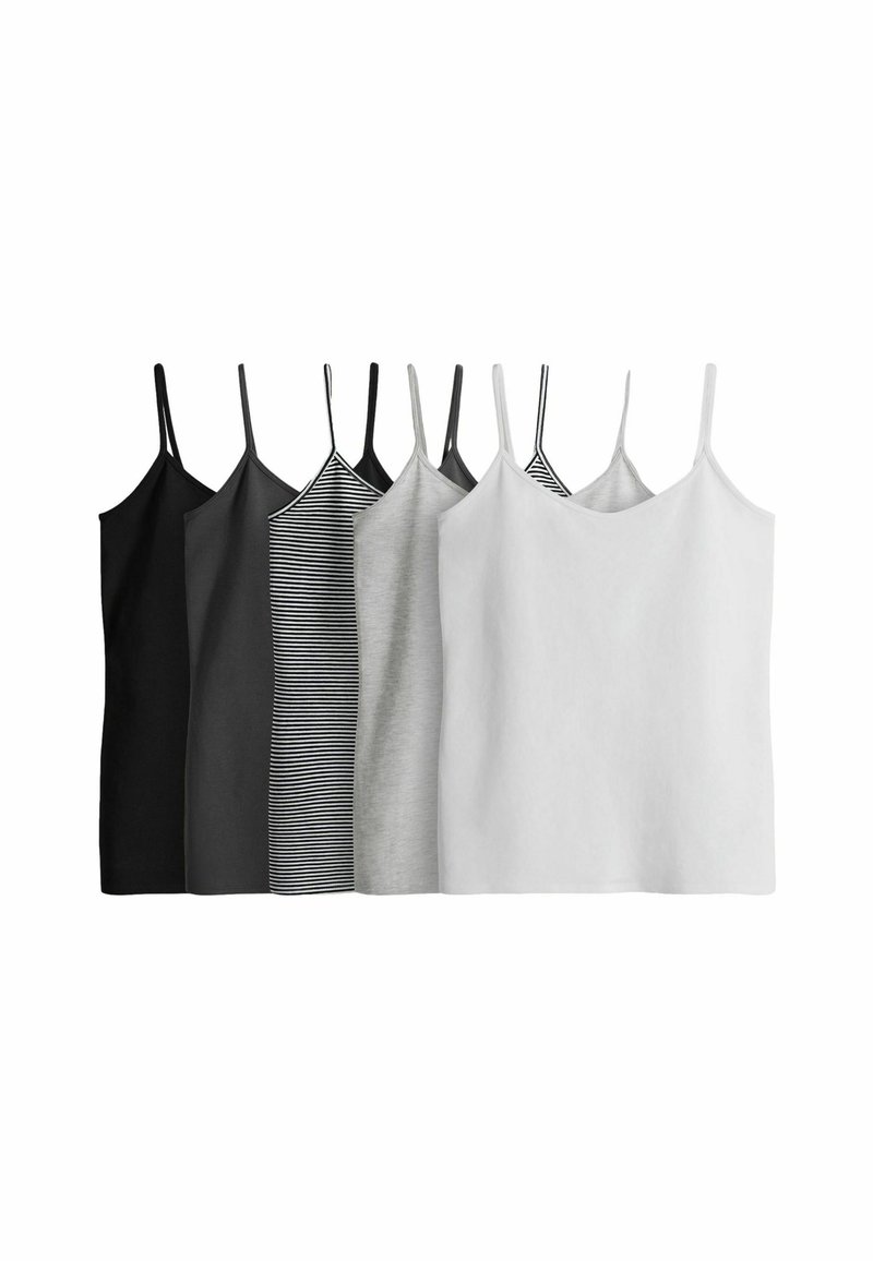 Set di sei canotte in nero, grigio, bianco e con un motivo a righe. Presenta spalline sottili e un design aderente. Tessuto morbido e elasticizzato.