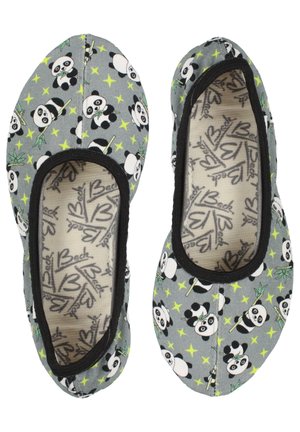 Gray fabric slip-on shoes featuring a panda pattern with green bamboo and yellow stars, accented by a black trim and textured insole.
