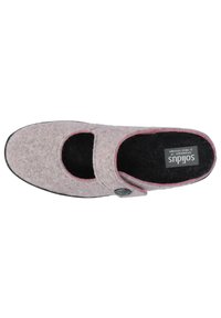 Gray felt slipper with pink trim, rounded toe, Mary Jane cutouts, and a decorative button detail. Black interior lining and outsole.