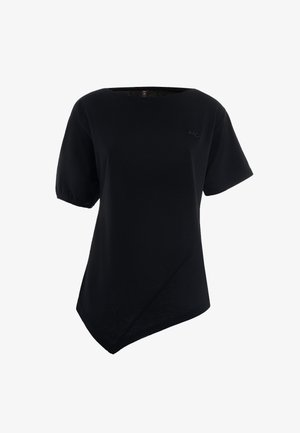 Black short-sleeve top with a round neckline and asymmetrical hem, featuring a subtle logo on the chest. Soft fabric with a smooth texture.