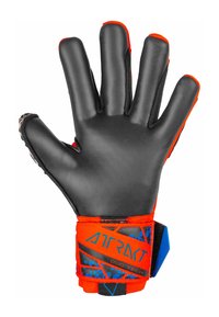 Goalkeeper glove with a black latex palm, orange fabric wrist strap, and blue accents. Features a secure fit and textured grip surface.