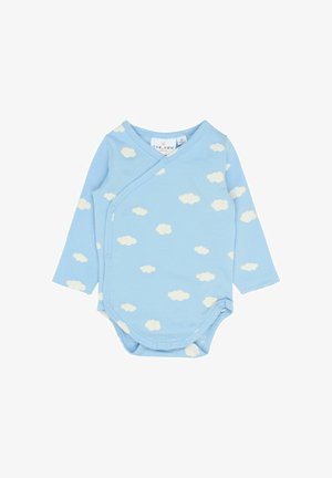 Kék, hosszú ujjú bodysuit, pamutból készült, fehér felhőmintával. Átkötős dizájn, az alján patentgombokkal.