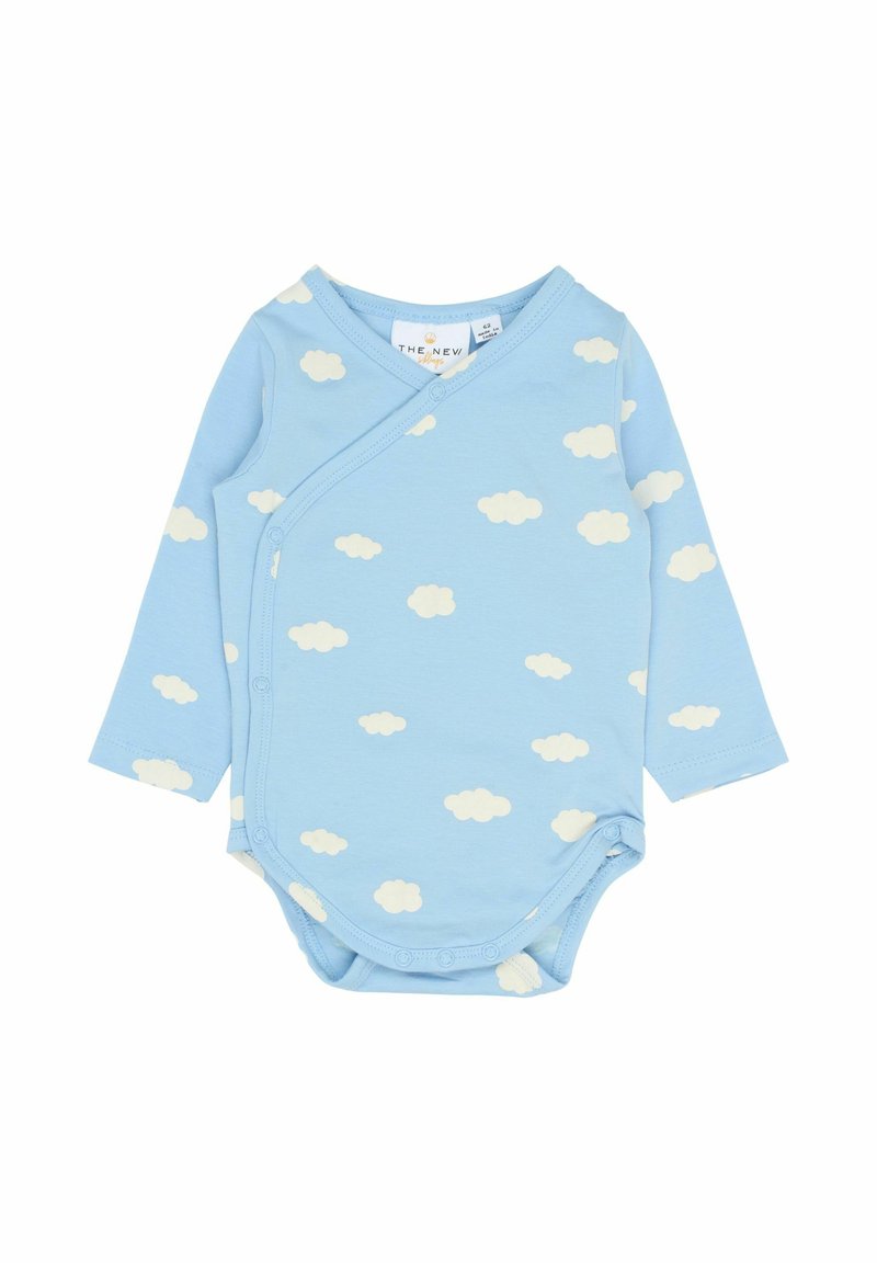 Blå långärmad bodysuit av bomull med ett molnmönster i vitt. Invikbar design med tryckknappar i botten.