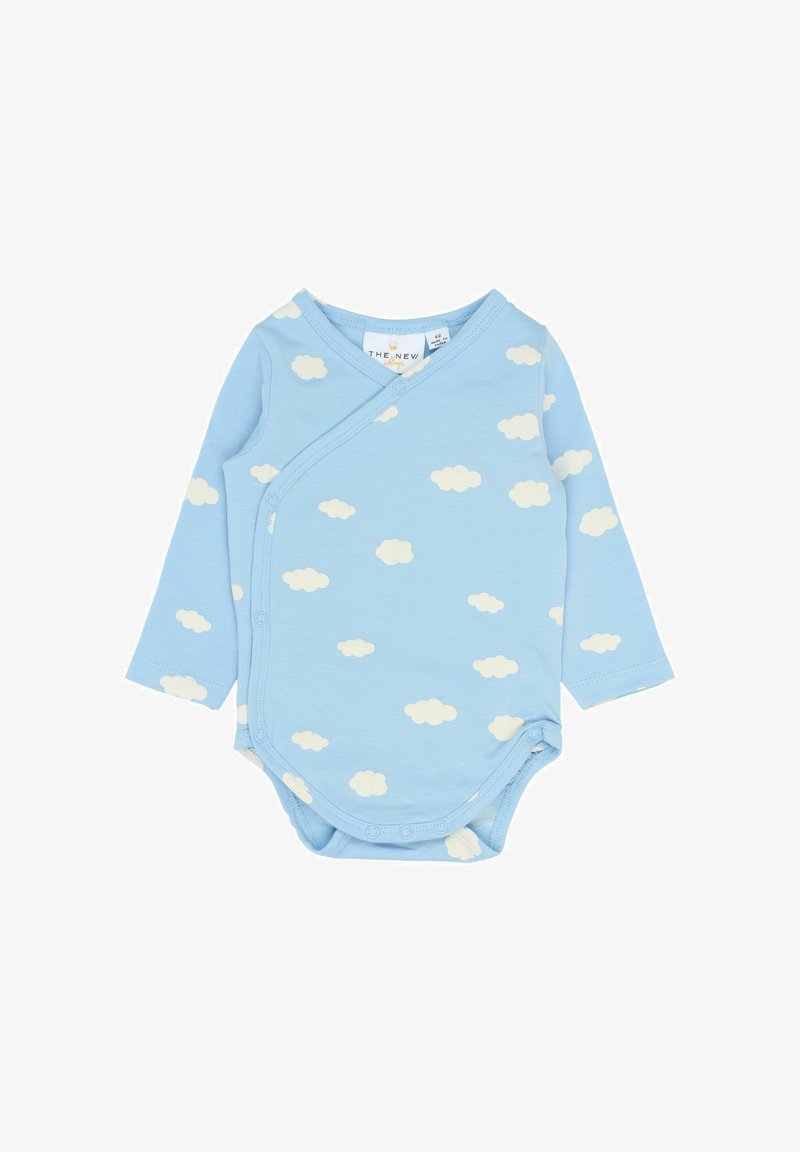 Bodysuit de manga larga azul hecho de algodón, con un patrón de nubes en color blanco. Diseño envolvente con cierres a presión en la parte inferior.