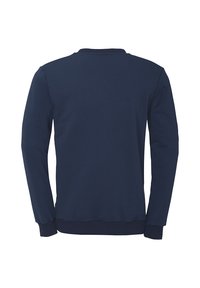 Marineblauwe sweatshirt met lange mouwen, ronde hals, ribgebreide manchetten en zoom, gemaakt van zachte stof met een gladde textuur.