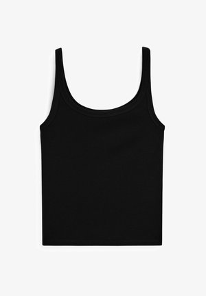 Sort tanktop med en rund halsudskæring og smalle stropper. Lavet af glat, strækbart stof med en tætsiddende form og uden yderligere mønstre eller udsmykninger.