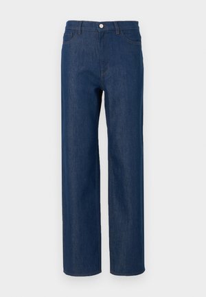 Tamno plave traperice s ravnim nogavicama, dizajn s pet džepova, srebrno dugme za zatvaranje i suptilni šavovi na džepovima.