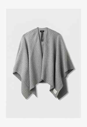 Sivi tkanjeni omot s teksturiranim uzorkom, otvorenog prednjeg dijela i mekanim završetkom. Sadrži oznaku blizu donjeg ruba.