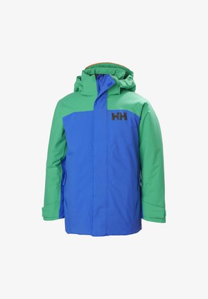 Chaqueta de invierno bloqueada por colores que presenta un cuerpo azul con mangas verdes, una cremallera frontal, capucha ajustable y un logo negro en el pecho.