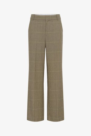 Ψηλόμεσα παντελόνια με ίσια γραμμή σε καφέ και μπεζ καρό σχέδιο, με θηλιές για ζώνη και μπροστινές πλαϊνές τσέπες.