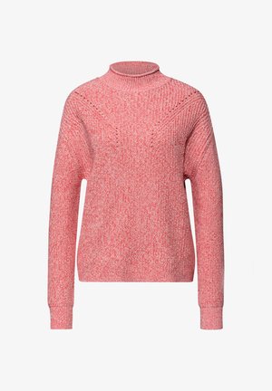 Lyserød og hvid meleret strikket sweater med høj krave, lange ærmer, ribstrikkede manchetter og diskret chevron-mønster på bryst og skuldre.