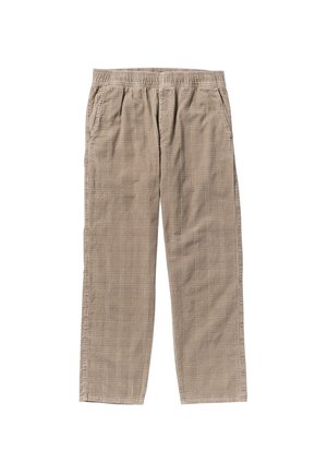 Jasnobrązowe, w kratę, spodnie o luźnym kroju z elastycznym pasem, bocznymi kieszeniami oraz miękkim, teksturowanym materiałem.