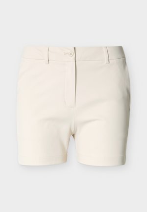 Kremowe szorty wykonane z gładkiej tkaniny o dopasowanym kroju, z zapięciem na guziki z przodu i bocznymi kieszeniami, oferujące czysty, minimalistyczny wygląd.