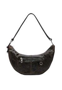 Skórzana torba na ramię w ciemnym brązie o zakrzywionym kształcie. Posiada przednią kieszeń na zamek, srebrne okucia i odpinany pasek.