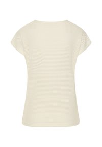 Cremfarbener Kurzarm-Top aus strukturiertem Stoff mit Rundhalsausschnitt und lockerer Passform. Keine sichtbaren Muster oder Akzente.