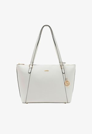 Weißer Leder-Shopper mit schwarzem Besatz, goldenen Hardware-Akzenten und einem seitlichen Reißverschluss. Verfügt über zwei Schulterriemen und ein Logo-Detail.