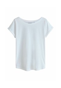 T-shirt blanc à manches courtes avec un col rond et des revers retroussés, confectionné en tissu de coton lisse, offrant une coupe décontractée et un design simple.