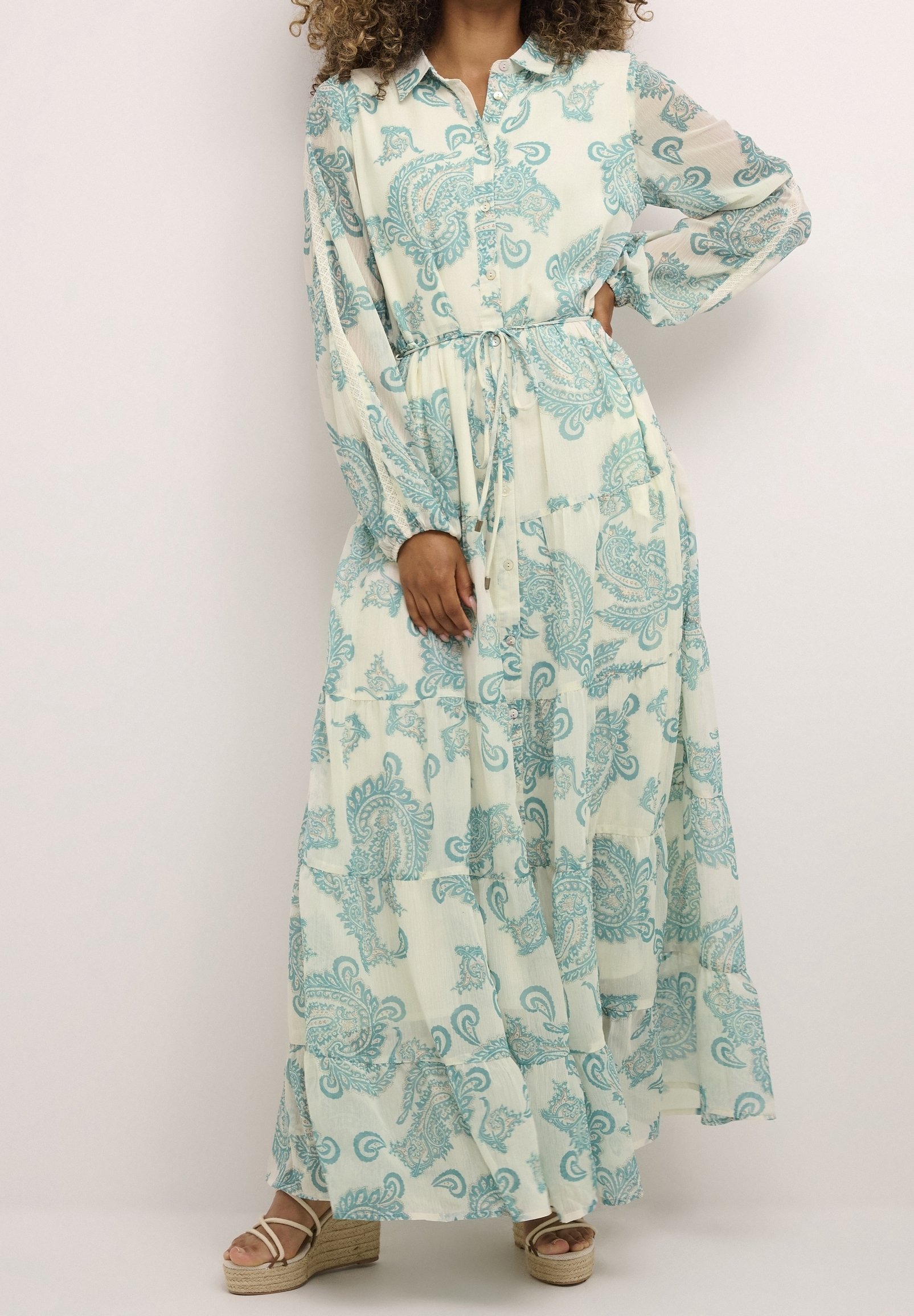 turquoise and cream dress Knee Length Sleeved White Lace & Turquoise Dress