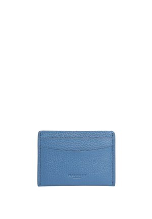 Blue leather cardholder with a pebbled texture, featuring multiple card slots and embossed brand logo. Compact and rectangular shape.