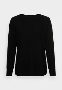 Schwarzer gestrickter Pullover mit langen Ärmeln, rundem Ausschnitt und geripptem Saum. Sanfte Textur und schlichtes Design. Klassische Passform.