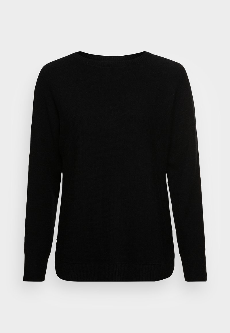 Schwarzer gestrickter Pullover mit langen Ärmeln, rundem Ausschnitt und geripptem Saum. Sanfte Textur und schlichtes Design. Klassische Passform.