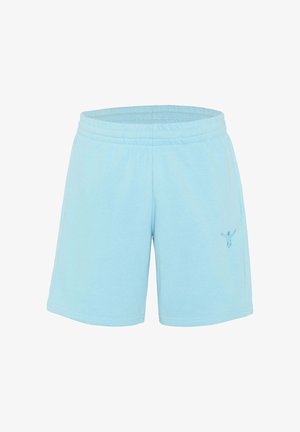 Light blue casual shorts with elastic waistband and small embroidered figure logo on the left leg, displayed against a white background.
