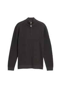 Dunkelgrauer Pullover mit einem halben Reißverschluss, gerippter Textur, langen Ärmeln und einem taillierten Saum. Verfügt über kontrastierende Nähte entlang der Schultern.