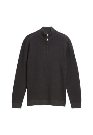 Ciemnoszary sweter z pół zamkiem, o ribbowanej fakturze, z długimi rękawami i dopasowanym dołem. Posiada kontrastowe przeszycia wzdłuż ramion.