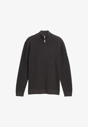 Ciemnoszary sweter z pół zamkiem, o ribbowanej fakturze, z długimi rękawami i dopasowanym dołem. Posiada kontrastowe przeszycia wzdłuż ramion.