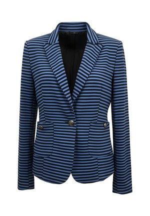 Blazer entallado de mujer con rayas horizontales negras y azules, solapas con muesca, dos bolsillos frontales con botones y cierre de un solo botón.