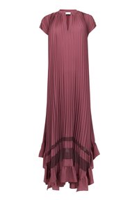 Robe longue plissée de couleur mauve. Présente un décolleté en forme de trou de serrure, des manches courtes et un ourlet à volants avec une accent en voile en bas.