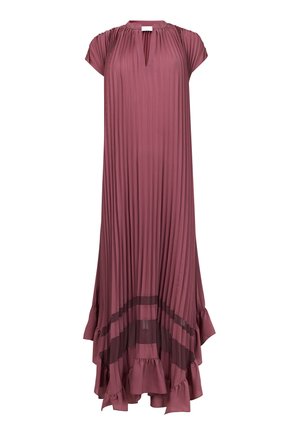Robe longue plissée de couleur mauve. Présente un décolleté en forme de trou de serrure, des manches courtes et un ourlet à volants avec une accent en voile en bas.
