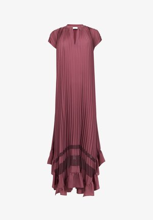Long, pleated dress in a mauve color. Features a keyhole neckline, short sleeves, and ruffled hemline with a sheer accent at the bottom.