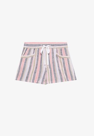 Pasiaste szorty w kolorach różowym, czarnym, kremowym i oliwkowym z elastycznym paskiem, dwiema przednimi kieszeniami oraz lekkim materiałem.
