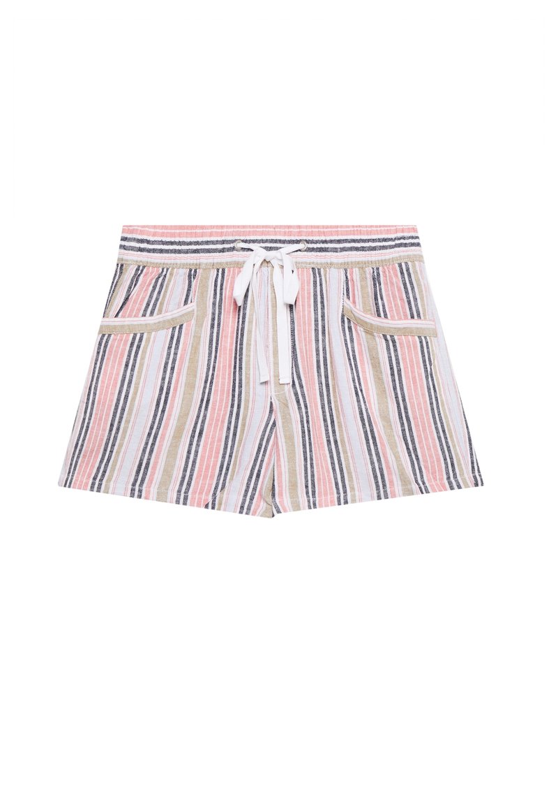 Shorts rayés en rose, noir, crème et olive avec une taille à cordon, deux poches avant et une texture de tissu léger.