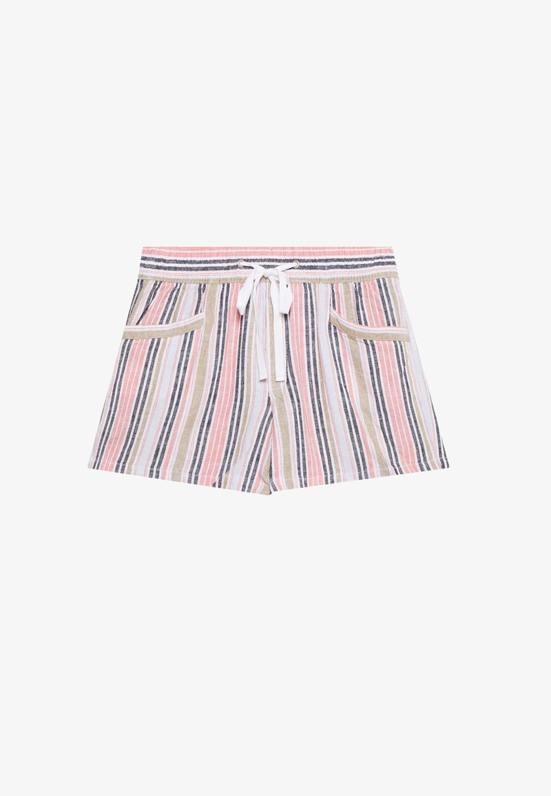 Pantaloni corti a righe in rosa, nero, crema e oliva con vita regolabile, due tasche frontali e una trama leggera.