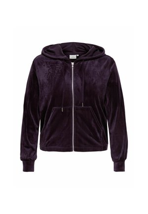 Sweat à capuche zippé violet foncé doux avec poches avant, cordons et manches longues, présenté sur fond blanc.
