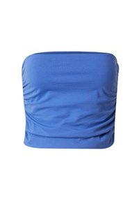 Blauwe strapless top met een gladde textuur en geplooide details aan de zijkanten. Gemaakt van zachte, rekbare stof.