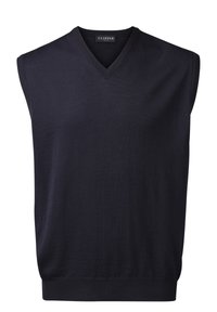 Marineblå ermeløs genser med V-halsdesign, laget av glatt strikket materiale, med ribbestrikket kant ved halsen og hem.