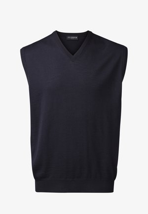 Marineblå ermeløs genser med V-halsdesign, laget av glatt strikket materiale, med ribbestrikket kant ved halsen og hem.
