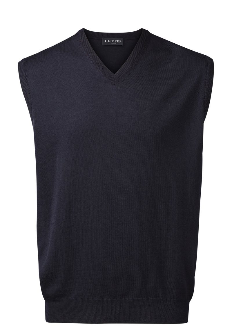 Marineblå ermeløs genser med V-halsdesign, laget av glatt strikket materiale, med ribbestrikket kant ved halsen og hem.