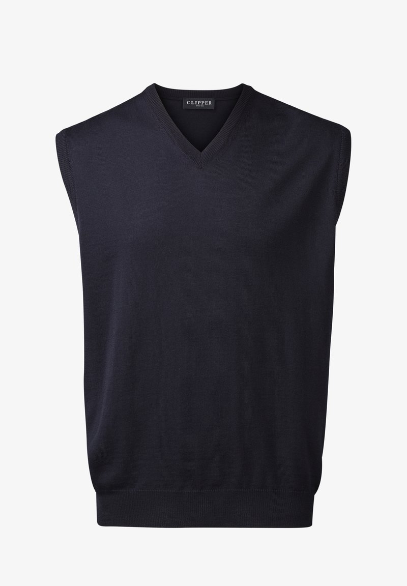 Marineblå ermeløs genser med V-halsdesign, laget av glatt strikket materiale, med ribbestrikket kant ved halsen og hem.