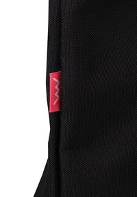 Black fabric bag featuring a textured surface. Notable pink label with white logo accent. Stitched seams visible along edges.