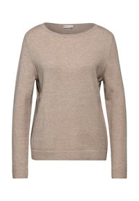 Maglione beige a maglia con scollatura tonda, maniche lunghe e polsini e orlo a costine. Texture morbida senza motivi o dettagli visibili.