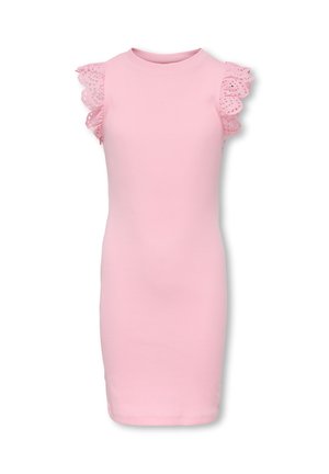Roze mouwloze jurk met ronde halslijn en geplooide, opengewerkte kantmouwtjes, aangesloten silhouet, knielange zoom.