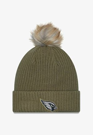 Green knitted beanie with a ribbed texture, featuring a faux fur pom-pom on top and an embroidered bird logo on the front.