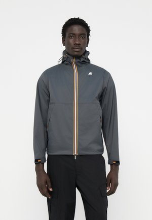 Gray zip-up jacket with a hood; features orange and blue stripes, adjustable cuffs, and logo on the left chest. Lightweight material.