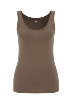 Bruine tanktop van katoen, met een ronde halslijn en zonder mouwen. Soepele textuur met een getailleerde pasvorm en geen zichtbare patronen.